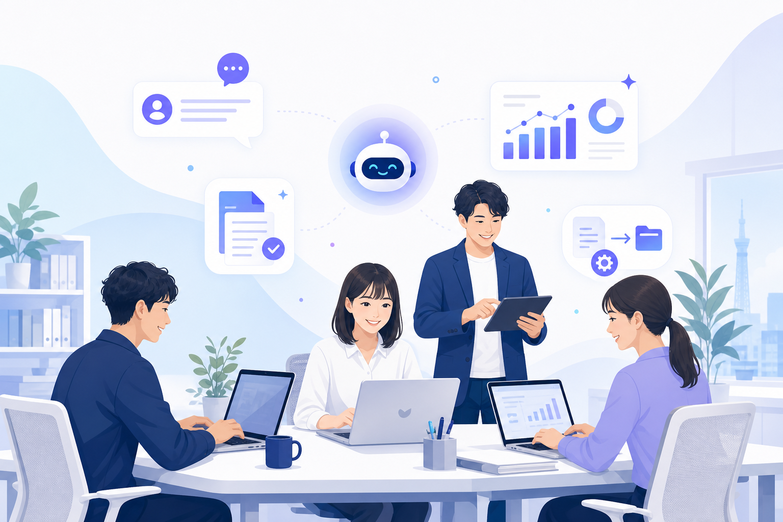 中小企業の現場でAIを活用するチームのイメージ